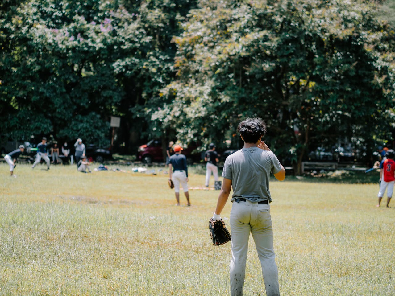 about-01 Group of athletes playing baseball in a sunny park with trees in the background.